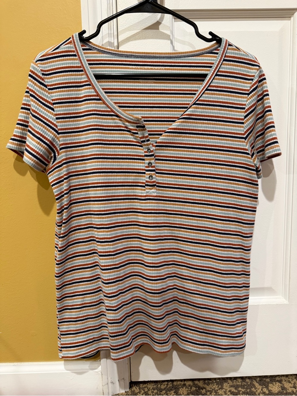 Striped Short-Sleeve Henley Top in Multi-Color
